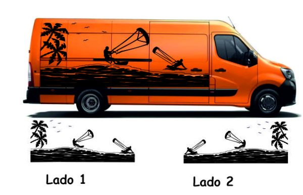 Stickers camper mar con palmeras y 2 kitesurfing